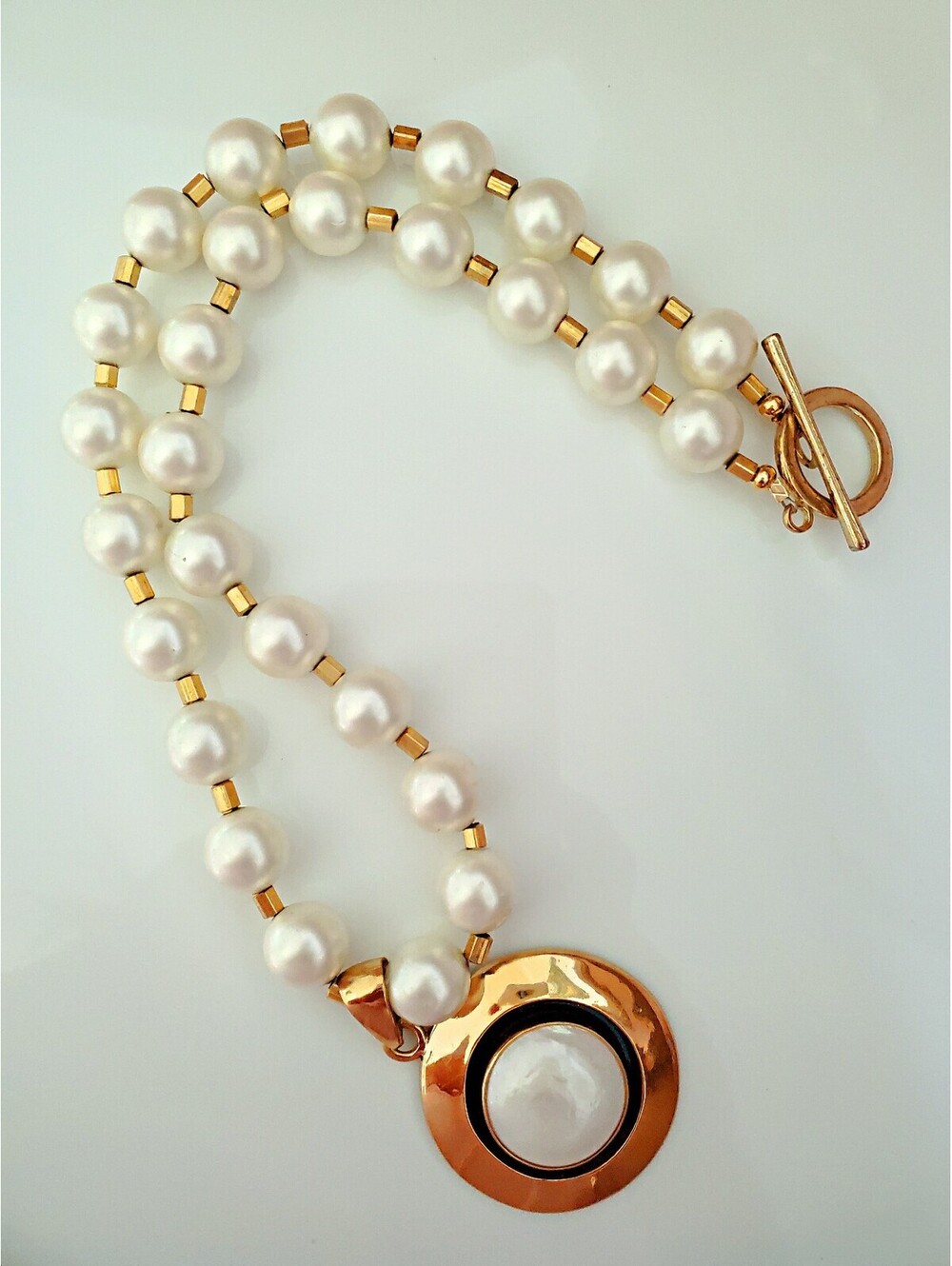 Gold-tone Cultured Pearl Orbital with Faux Pearl Necklace with Toggle Clasp